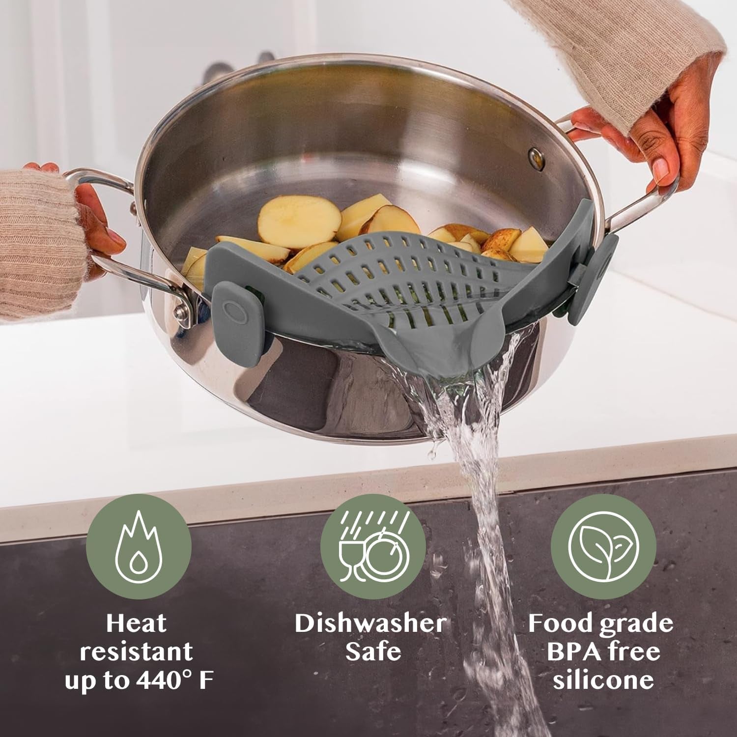 Snap N' Strain - Silicone Pasta Strainer Clip-On for Pots and Pans - Heat Resistant Colander for Vegetables and Noodles - Kitchen Gadgets for Cooking - Space-Saving Design - Gray