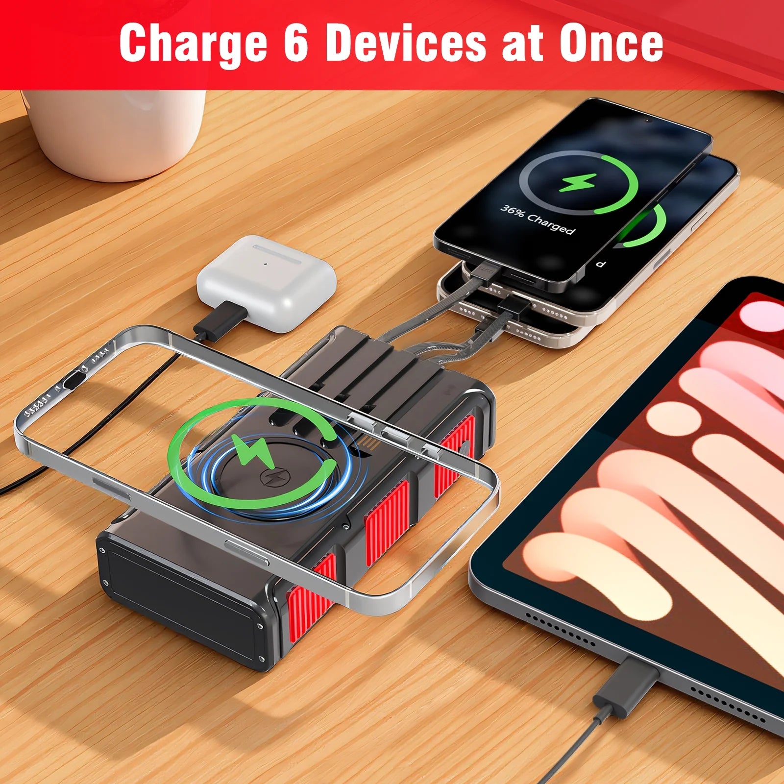 Power Bank Wireless Charger 68800Mah Built in Hand Crank and 4 Cables 15W Fast Charging Power Bank 7 Outputs & 4 Inputs Solar Portable Charger, Sos/Strobe/Strong Flashlights, Compass(Red)