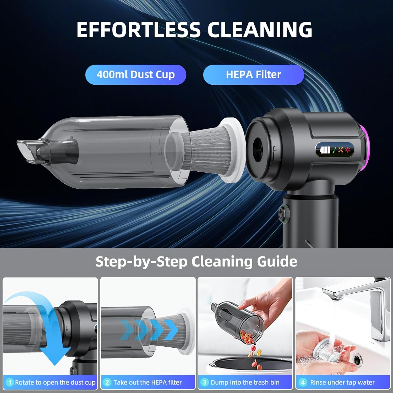 Cordless Vacuum Cleaner - 22000PA Handheld Car Vacuum, 4-In-1 Portable Mini Air Duster Rechargeable, 3-Speed Small Powerful Gadgets & Gifts, for Home, Office, Mattress, Carpet, Pet (Black)
