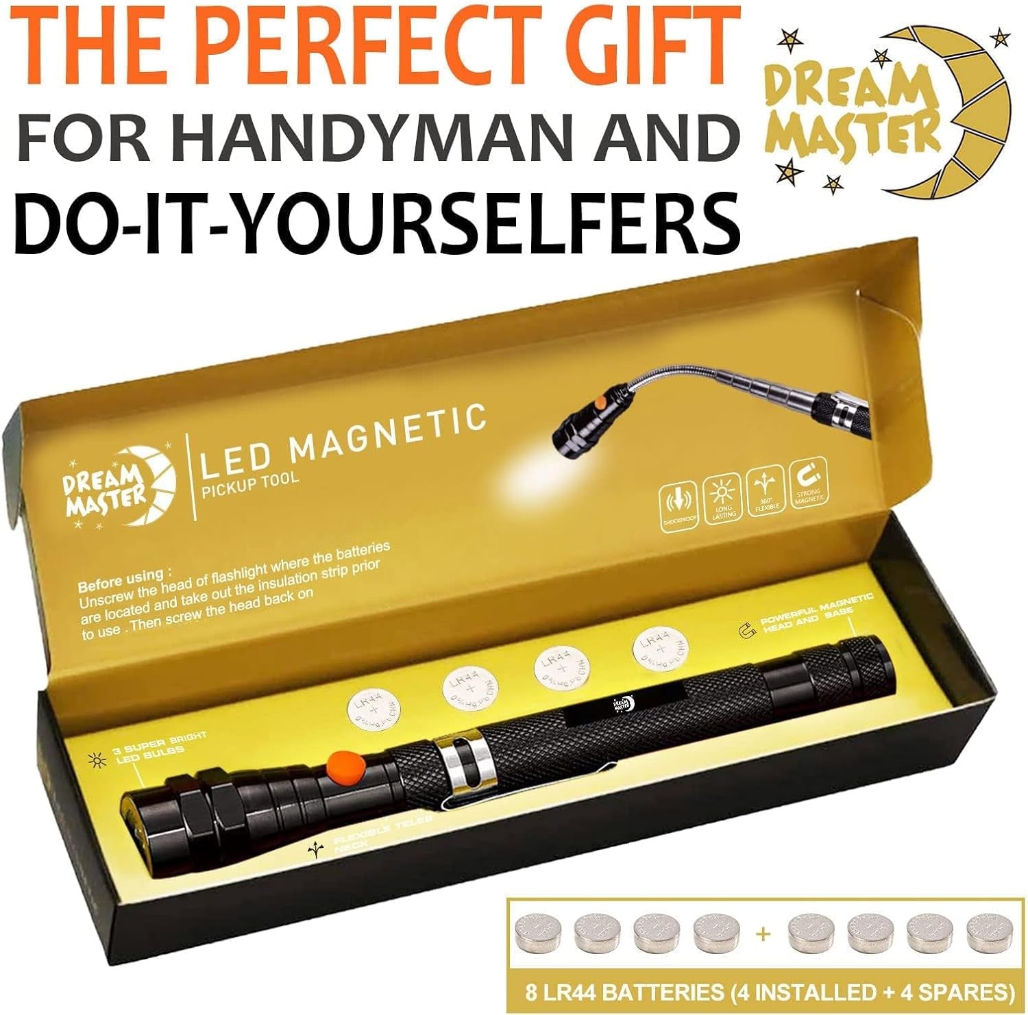 Magnetic Pickup Tool, Gifts for Men, Telescoping Magnet Flashlight, Mens Gifts, Birthday Gifts for Men, Women，Him, Teen Boys, Mechanic, Boyfriend, Dad, Husband, Father, Black